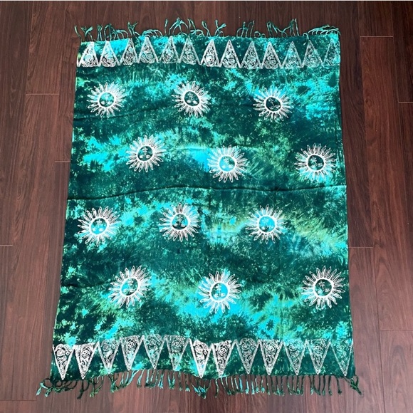 Vintage Turquoise Blue Green Sarong Pareo Wrap Coverup Travel Bohemian Hippie - Picture 4 of 9